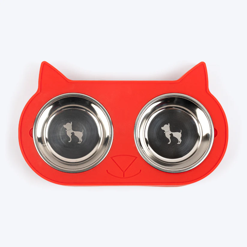 Heads Up For Tails Cat Face Double Diner With Steel Inserts For Cats & Kittens