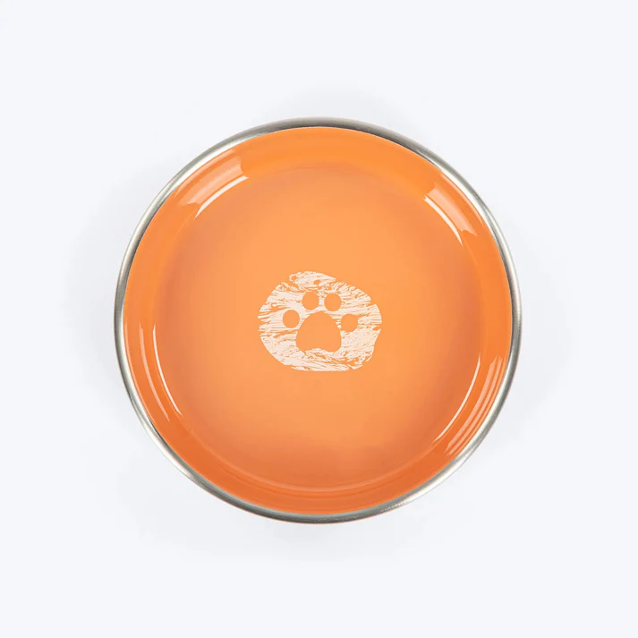 Heads Up For Tails Furry Paws Printed Steel Bowl For Cats - Peach