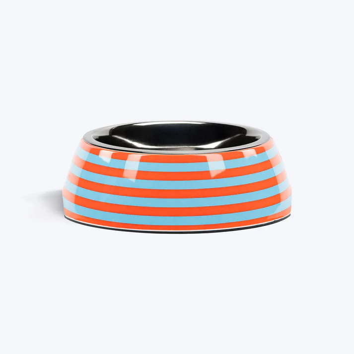 Heads Up For Tails Happy Stripes Printed Melamine Bowl With Steel Insert For Dogs - Blue & Orange