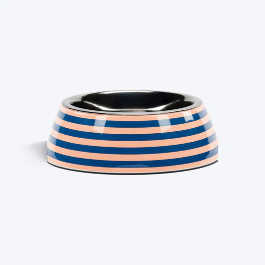 Heads Up For Tails Happy Stripes Printed Melamine Bowl With Steel Insert For Dogs - Blue & Peach