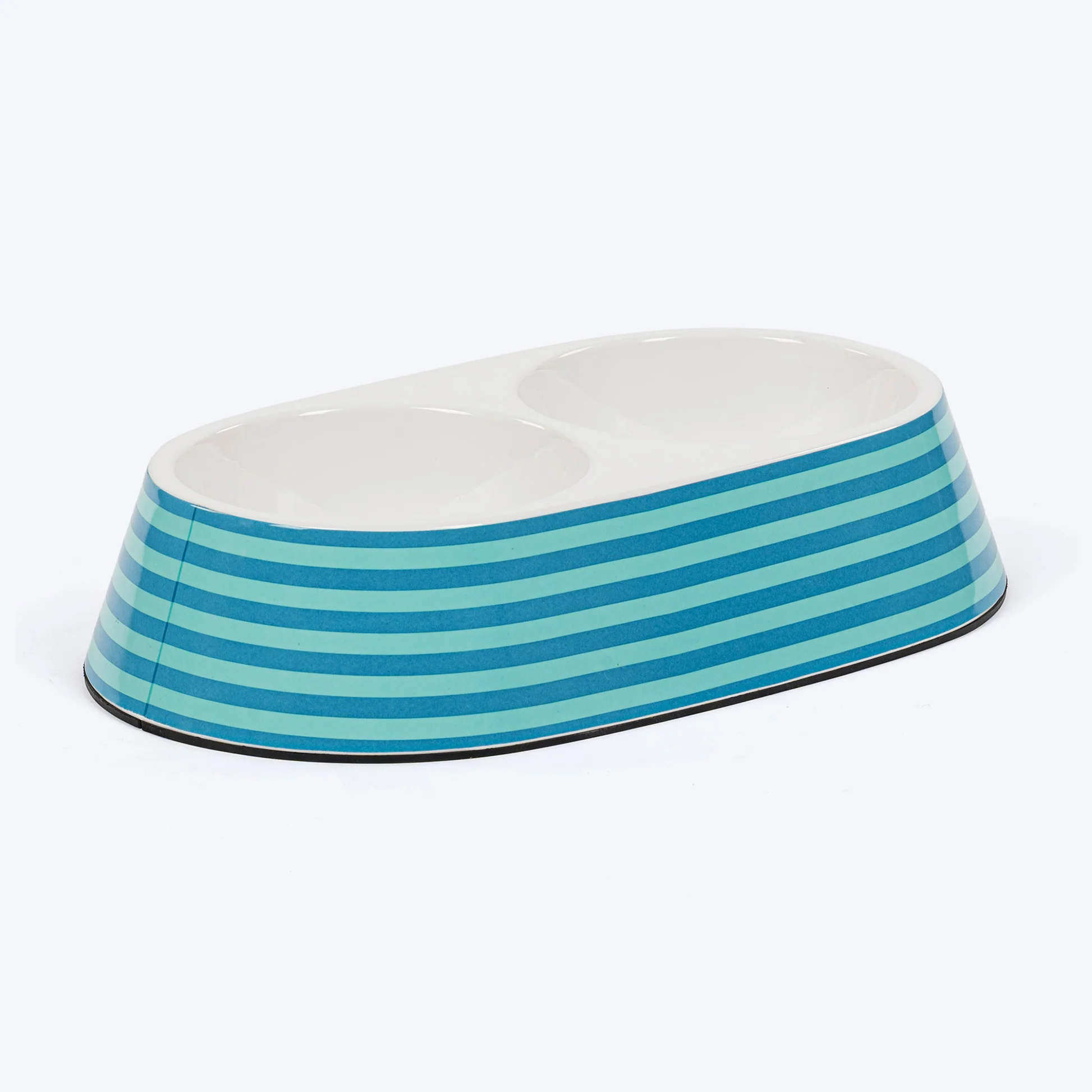 Heads Up For Tails Happy Stripes Printed Melamine Double Diner For Dogs - Blue & Turquoise