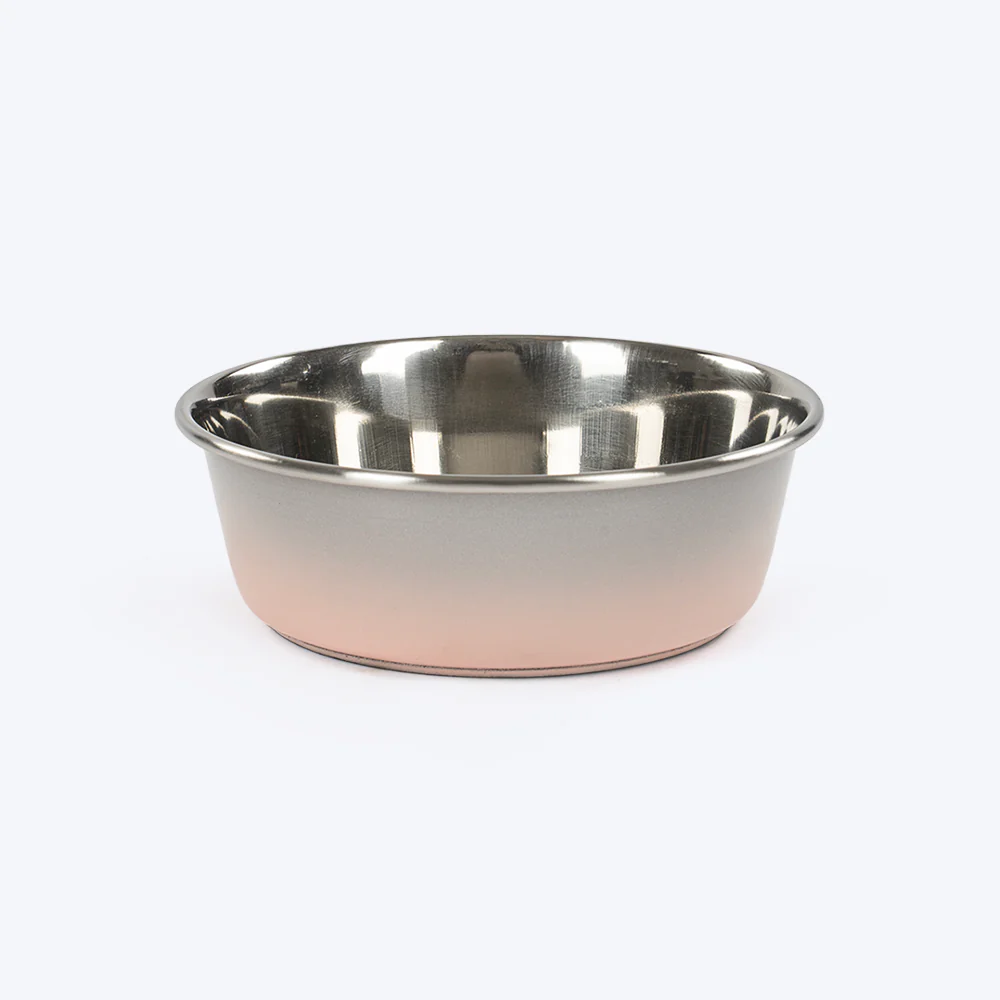 Heads Up For Tails Tiny Tails Printed Steel Bowl For Puppy - Pink & Grey