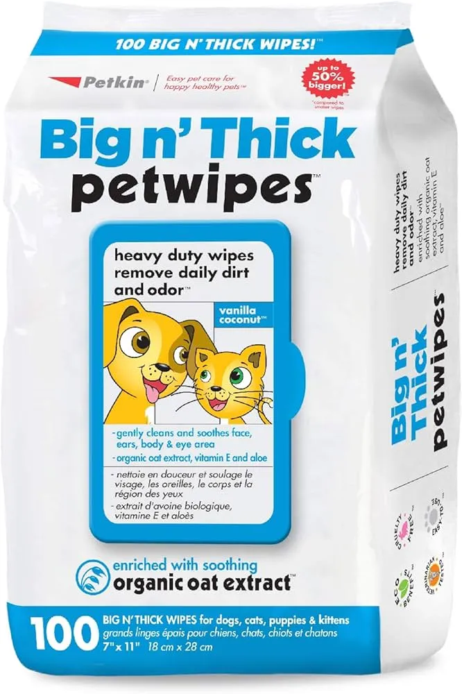 Petkin Big N Thick Pet Wipes Organic Oat Extract 100 Wipes