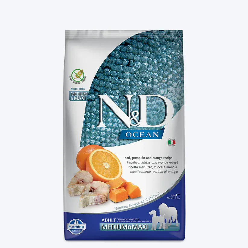 Farmina N&D Pumpkin Codfish & Orange Grain Free Adult Dog Dry Food - Medium & Maxi