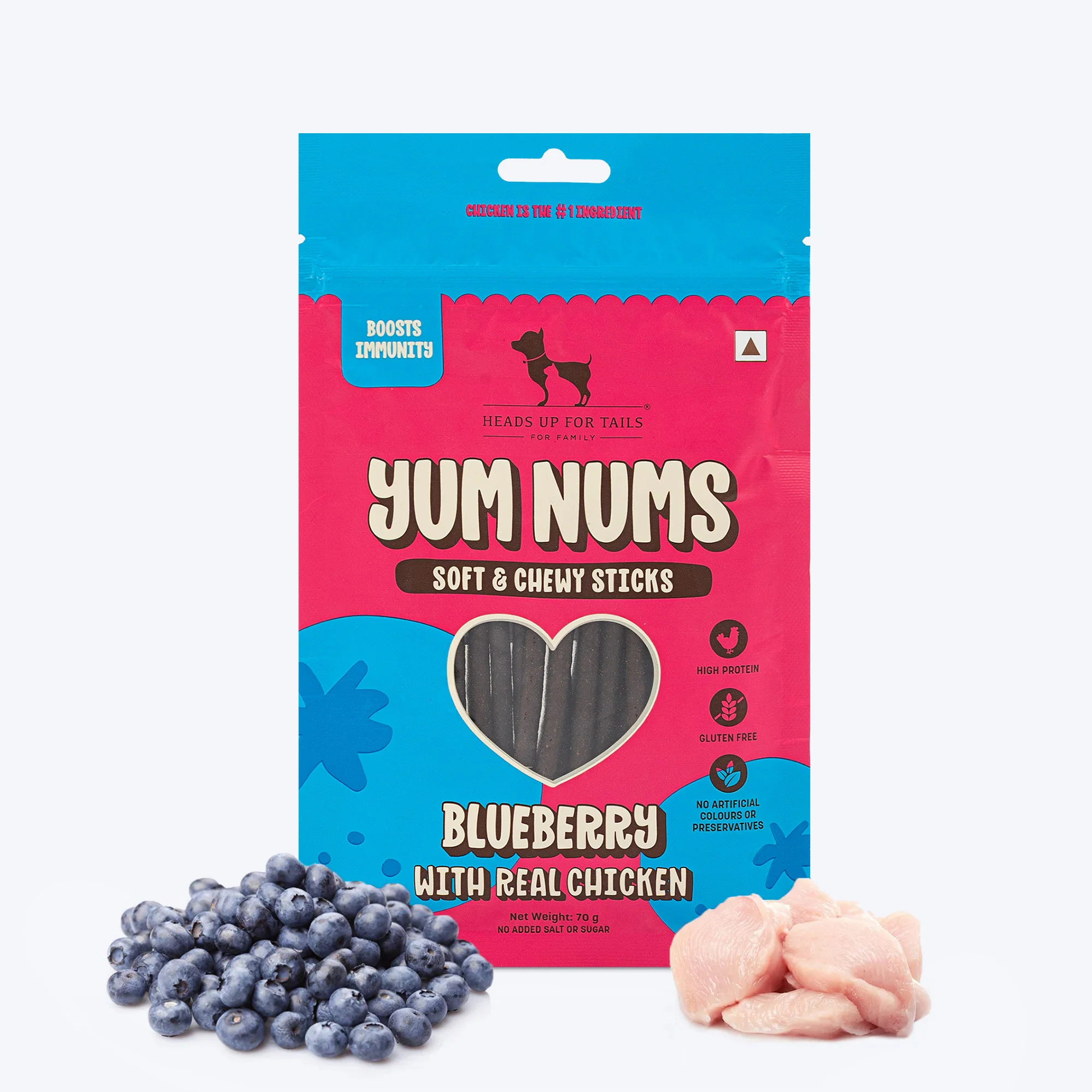 Heads Up For Tails Yum Nums Dog Treats Soft & Chewy Sticks Blueberry With Real Chicken