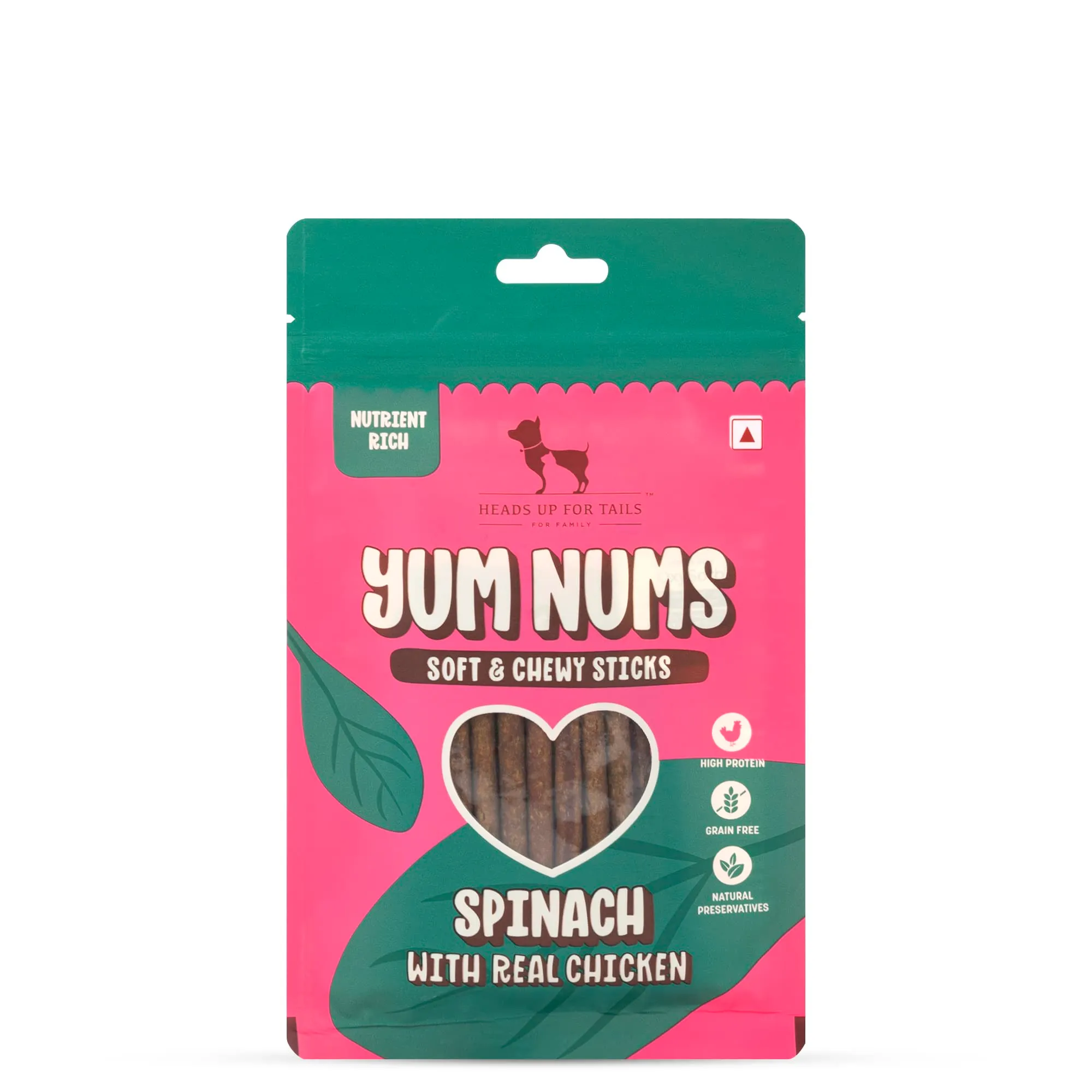 Heads Up For Tails Yum Nums Dog Treats Soft & Chewy Sticks Spinach With Real Chicken