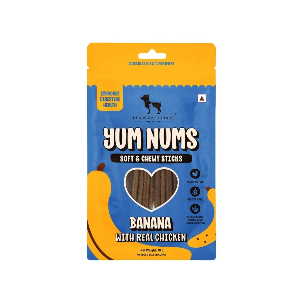 Heads Up For Tails Yum Nums Banana With Real Chicken Soft & Chewy Grain Free Sticks Treat For Dogs