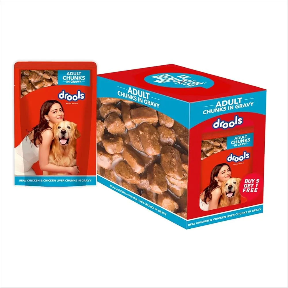 Drools Real Chicken and Chicken Liver Chunks in Gravy Adult Dog Wet Food - Pax of 6 Pouches