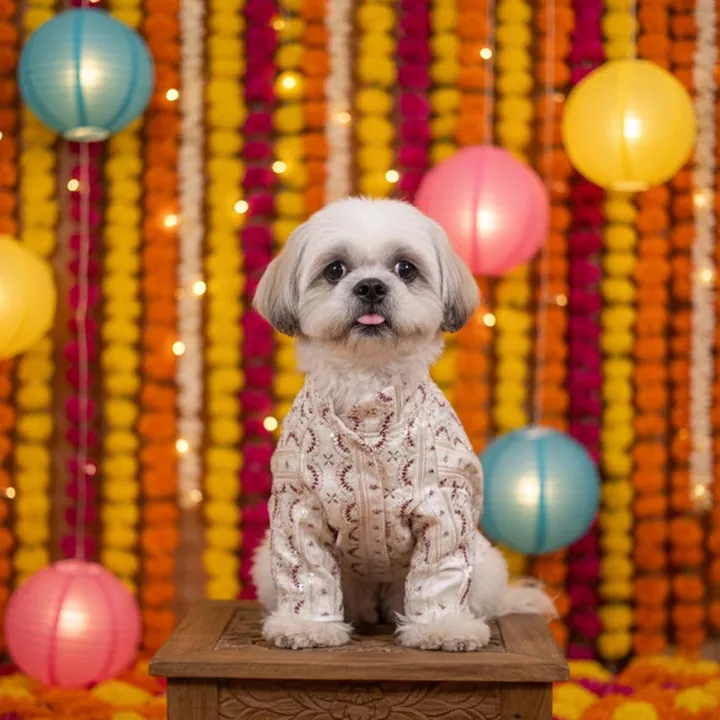 Dog in an ivory and maroon Festive Glory Kurta