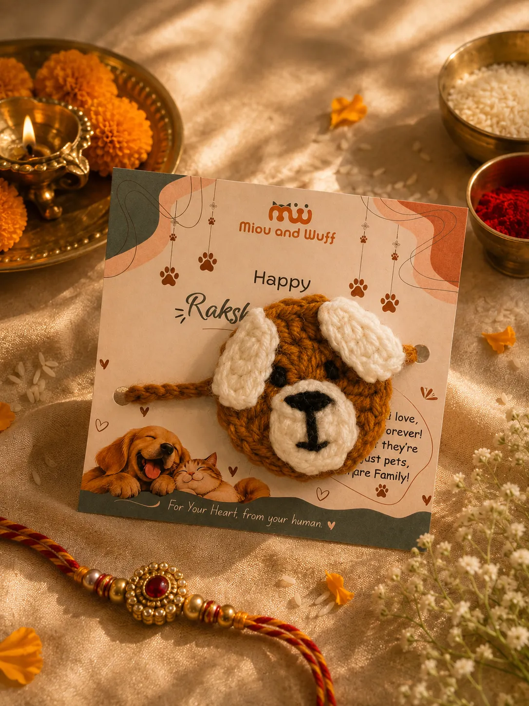 Handmade Crochet Brown Puppy Face Pet Rakhi — Miou and Wuff, Ahmedabad