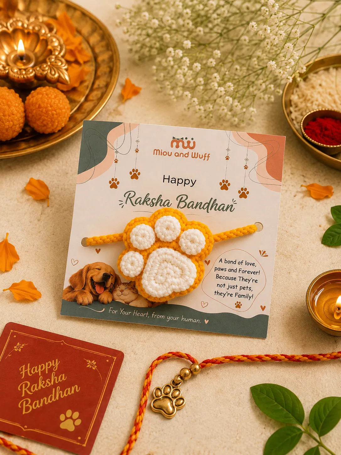 Handmade Crochet Golden Paw Print Pet Rakhi — Miou and Wuff, Ahmedabad
