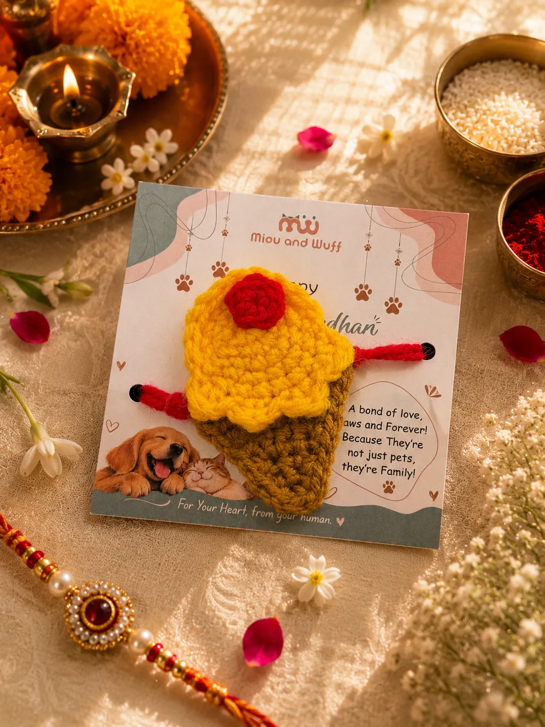 Handmade Crochet Ice Cream Cone Pet Rakhi — Miou and Wuff, Ahmedabad