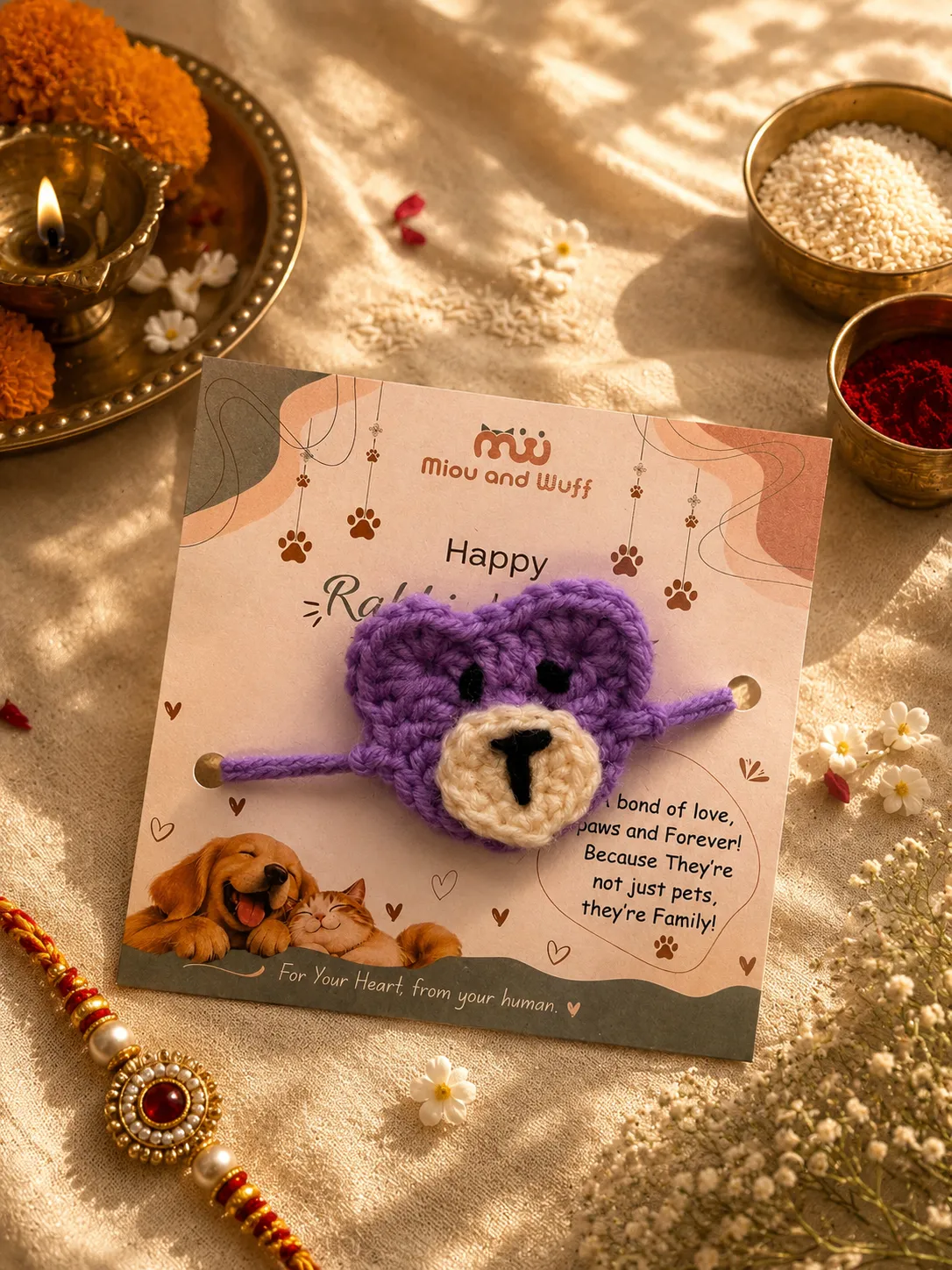 Handmade Crochet Purple Teddy Bear Pet Rakhi — Miou and Wuff, Ahmedabad