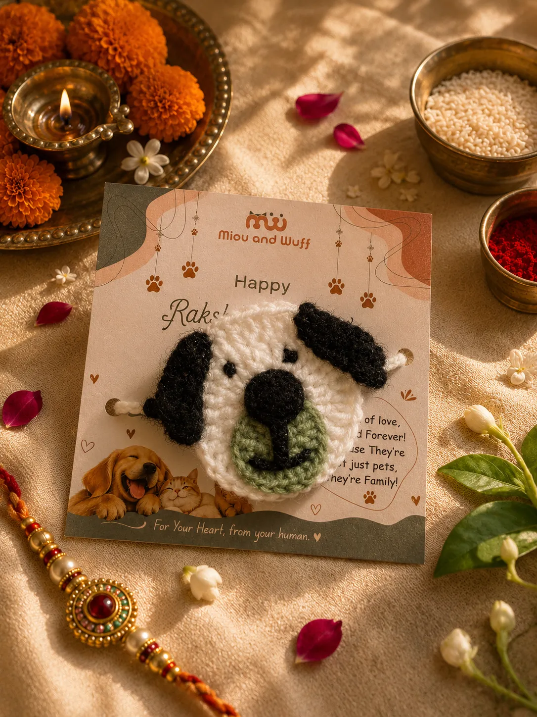 Handmade Crochet Spotted Puppy Face Pet Rakhi — Miou and Wuff, Ahmedabad