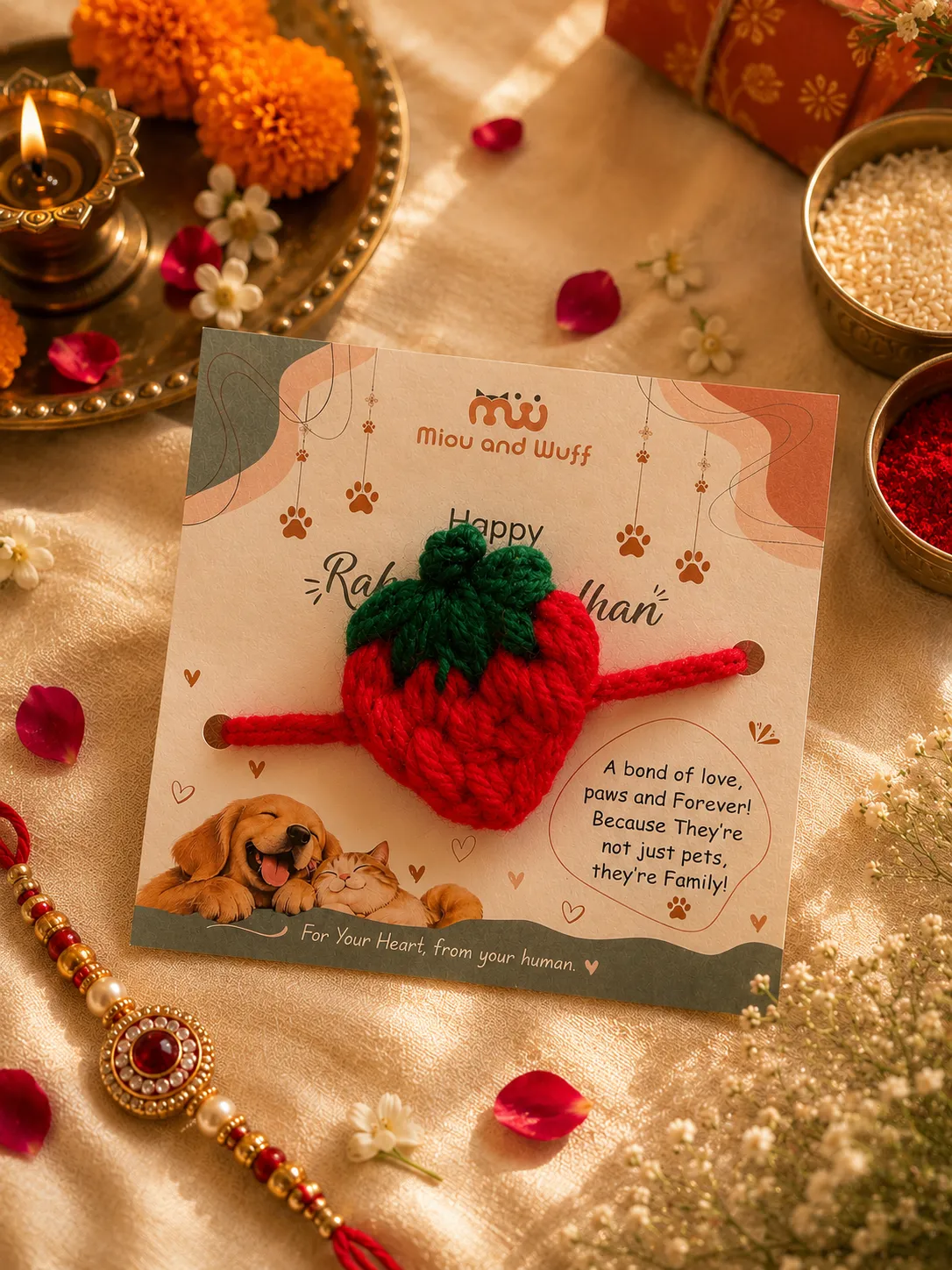 Handmade Crochet Strawberry Pet Rakhi — Miou and Wuff, Ahmedabad