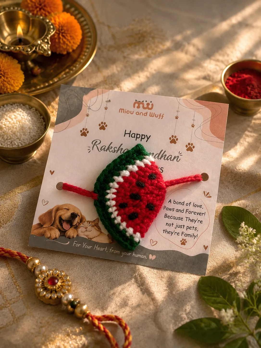 Handmade Crochet Watermelon Slice Pet Rakhi — Miou and Wuff, Ahmedabad